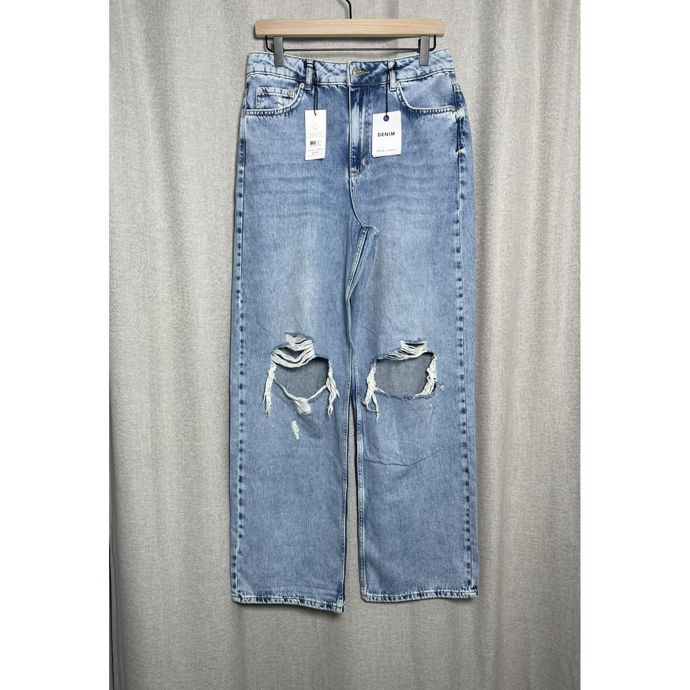New Look Jeans Womens 8 NWT High Rise Distress Ripped Wide Leg Light Wash Denim